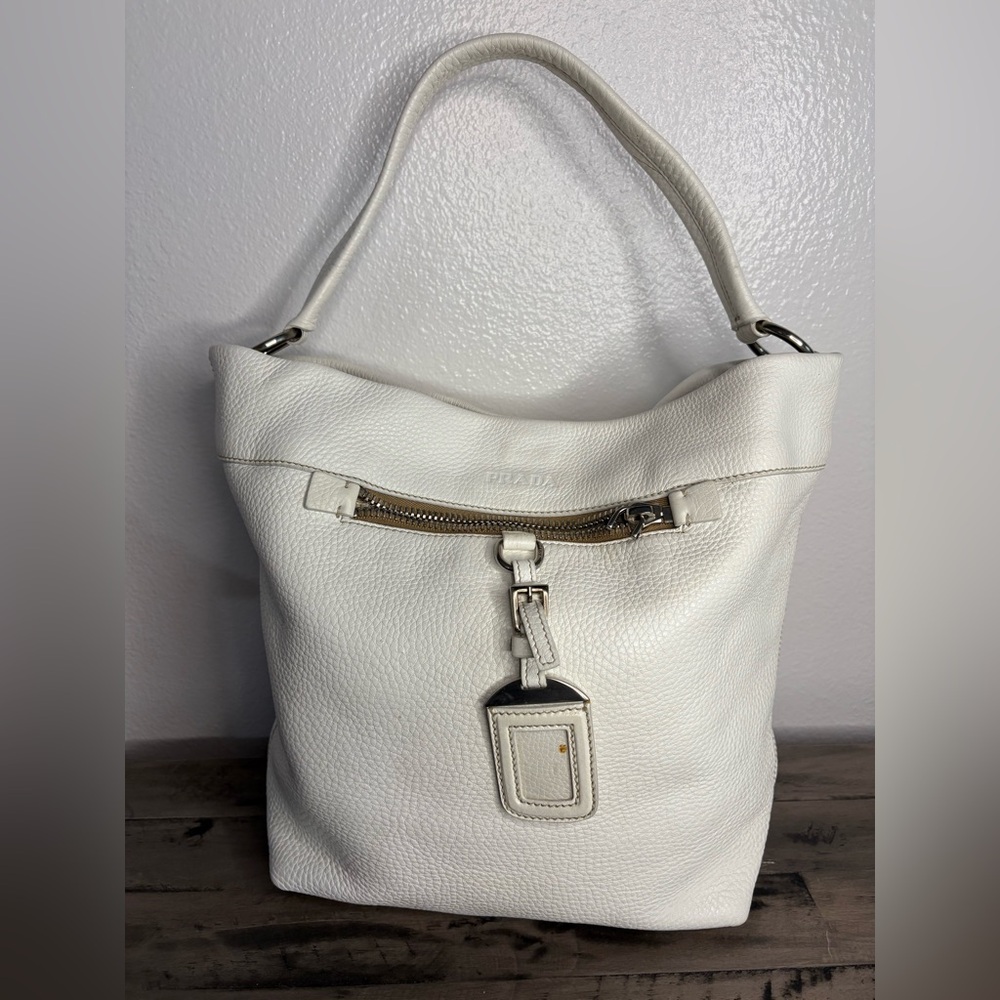 PRADA Winter White Taino Doe Skin Leather Hobo Shoulder Bag